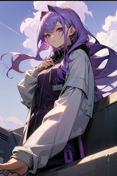 （（tmasterpiece，Best quality））1girll，Purple colored hair，solo， Ultra-detailed eyes，Purple colored hair, Long gray hair,side locks, hair adornments,a purple eye, hood down,white shirt,jaket,Open your clothes,centerpiece,with blue sky and white clouds
