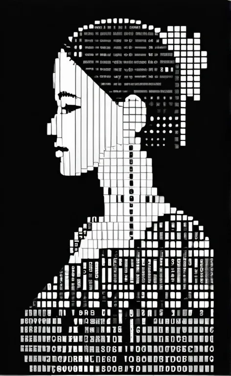 A woman,portrait composed of typographical elements,ASCII art aesthetic,monochrome,intricate details,creative use of letter shapes and negative space,high contrast,post-digital,