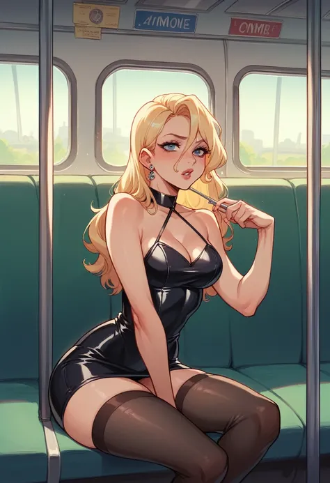 Tram interior, femme blonde sexy de 50ans porte un tailleur rose en latex,Des bas résille, mischievous 