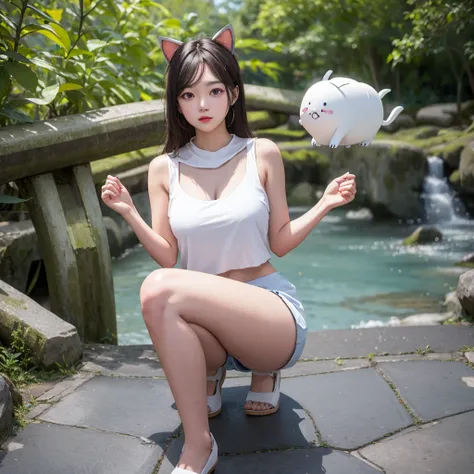 solo、1girl、full-body portraits、sleeveless、white-colored skin，large breasts,double tail，close to camera