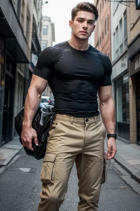 Man hunk, brunette, caucasian, khaki cargo pants, big tighs, tight pants, black t-shirt