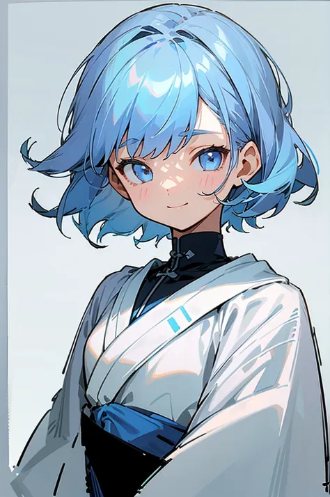 1 girl、straight、upper body、solo、short hair like a boy、dark blue hair、light blue hair band:1.2、blue eyes、smile、robe blanche、line ...