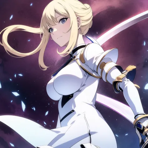 blonde girl, blue eyes, white dress, katana, smiling, alone, seen from further away, average tits