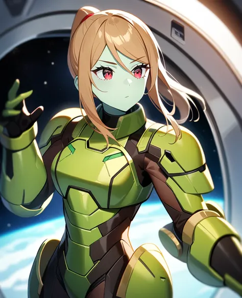 1girl,samus aran,solo,red eyes,((brown hair:1.5)),green power armor,ponytail,((pale green skin)),green chest armor,cowboy shot,i...