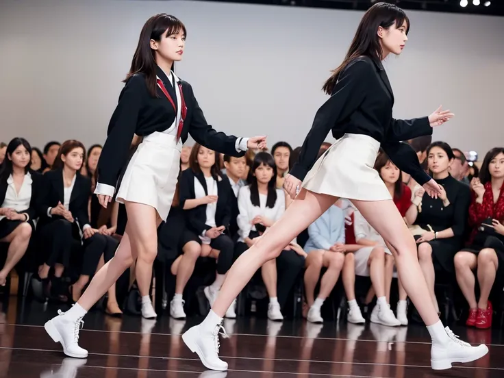 an extremely beautiful japanese high school girl race queen who highlights her beautiful legs、photographed walking down the runw...