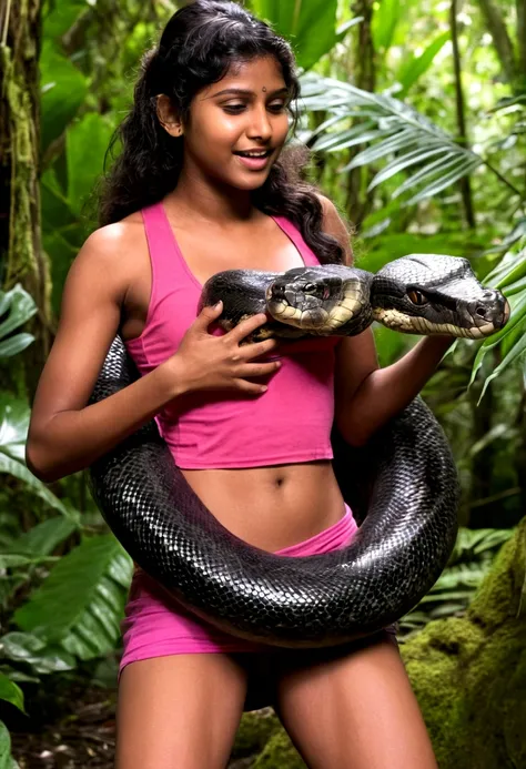 Pink tank top and  thong wearing aroused horny beautiful happy young Indian teen girl vs  Giant  black anaconda monster wrapped around her body squeezing her in coiled embrace cuddling and kissing  sexual erotic bestiality  sex  realistic in the rainforest...