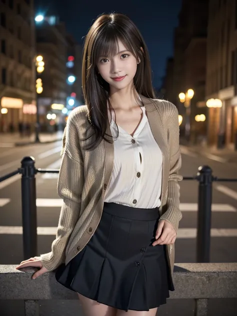 one girl,full body shot,(cardigan over a shirt:1.4),(long skirt:1.3)、(wear stylish boots:1.3)、(raw photos, highest quality), (re...