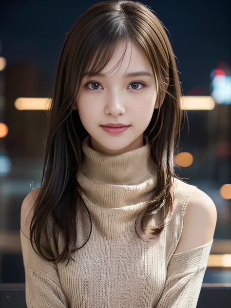 One Girl,(Turtleneck sweater:1.4),(skirt:1.3)、(Wear stylish boots:1.3)(RAW Photos, Highest quality), (Realistic, Photorealistic:1.4),  (My hair is messy, Asymmetrical bangs, Light brown hair,Short Hair 1.3),No contradiction、 Very delicate and beautiful, Ve...