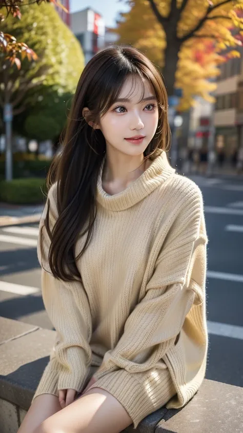 Beautiful Japanese Women、1 person,Very neat and slim、Great style 、Ultra HD、Very delicate face, Skin and Hair、Shortcuts、Hanging Hair,Light brown hair、((Chester coat x knit dress)),Knee-high boots、Cover your chest with your arms、Shibuya Ward、8K images、Very c...