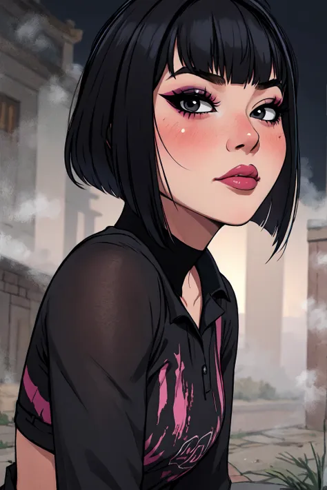 1girl, FengMin, solo, skinny, black eyes, asian eyes, eyeliner, looking at viewer, lips, black bob cut, blunt bangs, blush, standing, upper body, face focus, outdoors, horror (theme), night, fog egirlmakeup, sitting on the ground