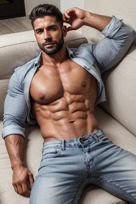 Beautiful  man 30 years old,  muscular body, barba rala, mas seu rosto esta iluminado pela fogueira. Gray Jeans, Lay down 