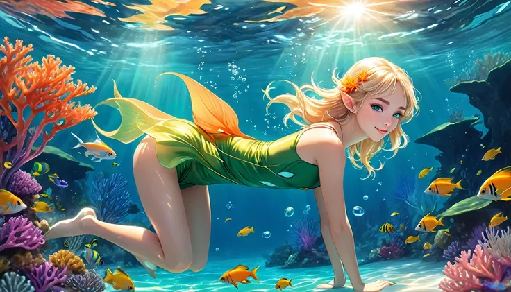 i will create a digital illustration of a beautiful female elf with clear delicate lines and a beautiful face swimming comfortab...