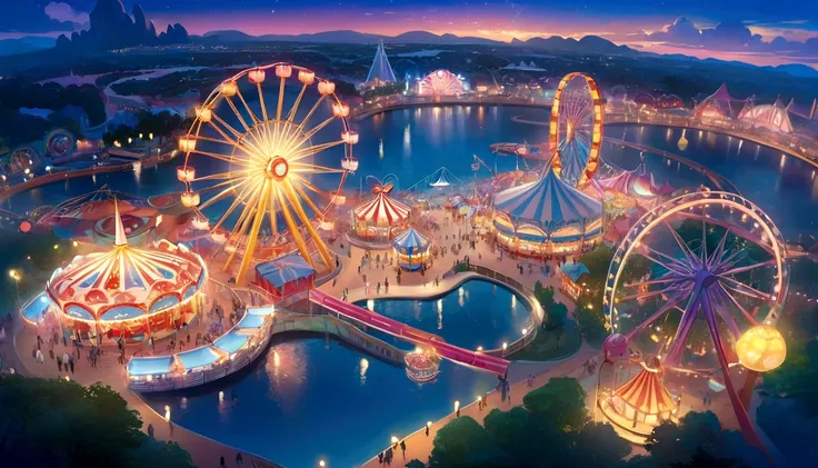 a rendering of a carnival park with a ferris wheel and rides, !dream concept art, concept art magical highlight, metaverse conce...