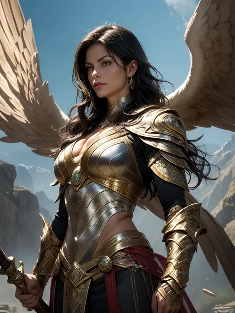 Erica Durance as a Asgard,valkyrie,Upper Body shot,green eyes,long flowing black hair, fitness muscular woman, Senhora Cavaleiro,elaborate decorative silver battle armor,Anatomia correta，holding a magical big sword, epic fantasy digital art, masterpiece，8k...