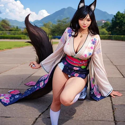 One Girl, Fox Girl, Nine-Tailed Fox,Fox Ears, Black colored hair, Fox Makeup,One Girl, Kimono with open chest, Body size is 100-70-90!, Nice body, Avatar, face, Open chest, lewd face, Dominant representation, naughty face, Big Breasts, Emphasize cleavage,S...