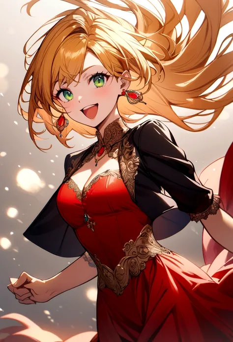 girl with waist-length orange-blonde hair, green eyes, red strapless dress, blue-white cropped jacket, red earrings, energetic smile