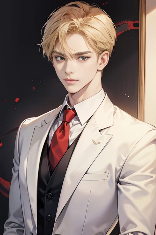 Masterpiece, best quality, finely details, red eyes, short blonde hair, smirk facial expression, white shirt, elegant, black suit.