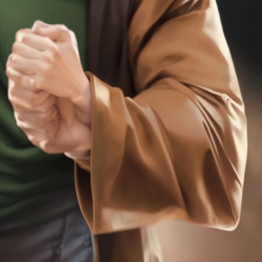 there is a man with a green shirt and brown jacket holding a cell phone, heavy gesture style closeup, closeup of arms, wearing brown jedi robes, photorealistic detail, cinematic detail, realistic depiction, realistic detail, hyper realistic detail, charact...