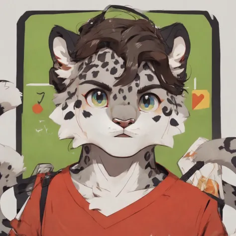 Snow leopard, Furry, white wool, cat tail, red shirt,headshot, green star background