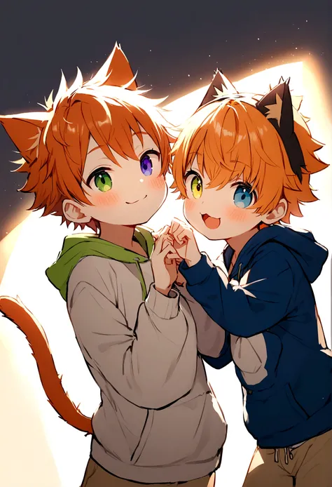 cute young boy, orange hair, short spiky hair, heterochromia left blue eyes, right green eyes, cat tail, cat ear, blue chooker, cute hoodie, cute pose, blushing, smile