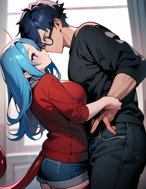 1 girl and 1 boy The girl: (masterpiece), best quality, expressive eyes, perfect hybrid succubus girl face, long cyan and blue hair, magenta eyes, glasses, happy, t-shirt similar to a black sports top, red thigh-high stockings, tail demon, golden necklace ...