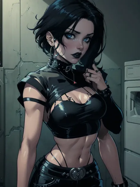 a woman with medium black hair, hair on shoulders,  wearing black pant, black jacket,  blue eyes, zombie art, gothic art, cute aesthetic with vibe, toon aesthetic, wearing gothic accessories, look like Cassie Hack, upper body, laundry background