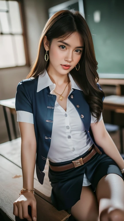 ((8K, high resolution,Masterpiece, best quality, alone, complicated details, Chromatic aberration), realistic, ((Big chests)), ((chest)), ((chest)), (chestหย่อนคล้อย.), hair in one eye, big round hoop earrings, Diamond choker, Gold Necklace, silver necklac...