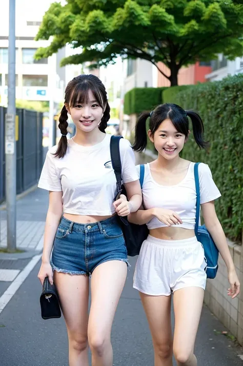 2 girls walking in Japanese city,white plain t-shirt with blue trim,blue speedo swimming briefs,school bag,18-year-old,bangs,a little smile,large bare thighs,knees,legs apart,short hair with low pigtails,from before,front light