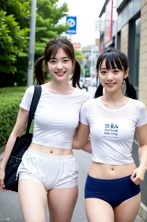 2 girls walking in Japanese city,white plain t-shirt with blue trim,blue speedo swimming briefs,school bag,18-year-old,bangs,a little smile,large bare thighs,knees,legs apart,short hair with low pigtails,from before,front light