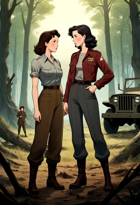 A heartbreaking anime illustration style depicting two women in love in the middle of a desolate war-torn forest. The first woman, with long dark hair, wears a gray shirt, dark 1940s pants, and boots. She is facing the second woman, who has British feature...