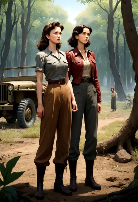 A heartbreaking anime illustration style depicting two women in love in the middle of a desolate war-torn forest. The first woman, with long dark hair, wears a gray shirt, dark 1940s pants, and boots. She is facing the second woman, who has British feature...