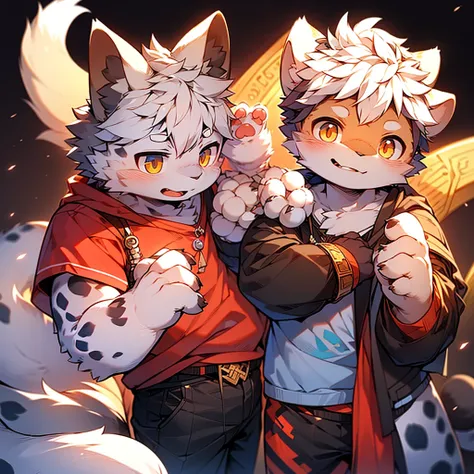 kemono Snow leopard, Furry, white wool, cat tail, red shirt,headshot, black background,By Zeeta96829,by milkytiger1145 By Donkeyramen, By wfa, mr beast posing