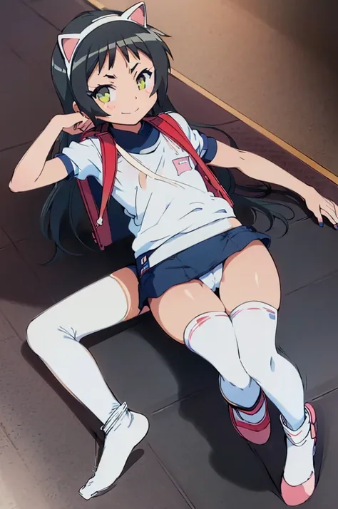 masterpiece, ultra quality, ultra sharp, ultra detailed, 1girl, solo, good anatomy, haduki kurumi, (tattered torn dripping wet white gym shirt), navy gym pants, animal ears, randoseru, name tag, Japanese anime pose, laugh, BurumaShorts, Buruma, Gym Uniform...