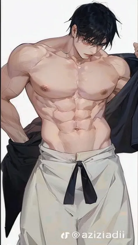 ((best quality)), ((masterpiece)), (detailed), ((best quality)), ((masterpiece)), (detailed), ((best quality)), ((masterpiece)), (detailed), Toji Fushiguro. anime guy with no shirt and no shirt on holding a jacket, [ adamantly defined abs ]!!, [ rigidly de...