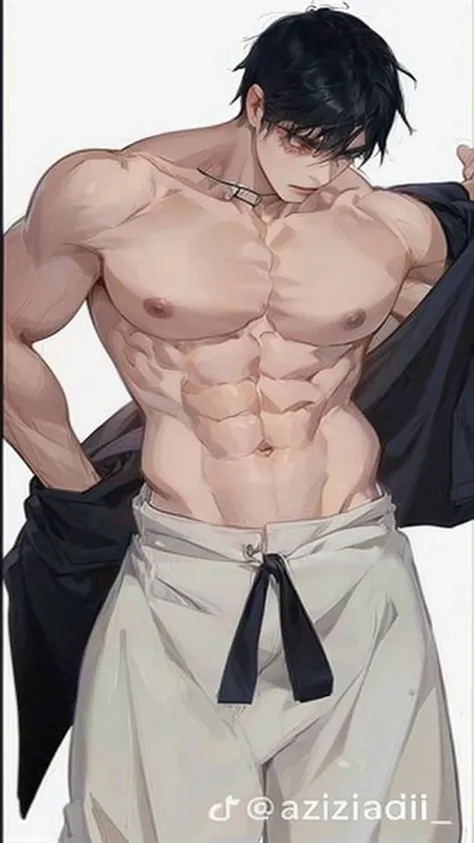 ((best quality)), ((masterpiece)), (detailed), ((best quality)), ((masterpiece)), (detailed), ((best quality)), ((masterpiece)), (detailed), Toji Fushiguro. anime guy with no shirt and no shirt on holding a jacket, [ adamantly defined abs ]!!, [ rigidly de...