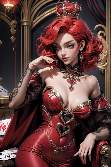 { - anatomy error}(Masterpiece - Ultra-detailed, very high resolution) Em um luxuoso cassino, A stunning woman wears an exquisite dress adorned with heart symbols, embodying the royal presence of the Queen of Hearts. Surrounded by a backdrop of poker cards...