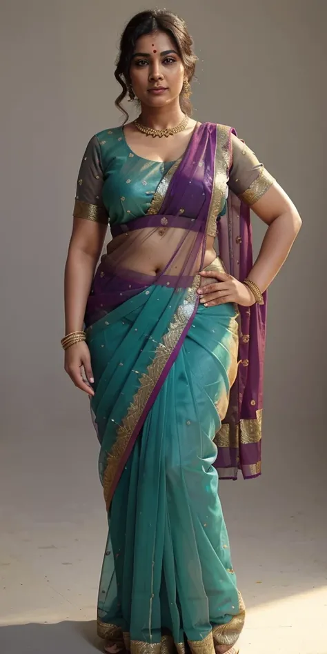 40 year old vey beautiful north Indian plus sized bride in saree transparent blouse, full body image 