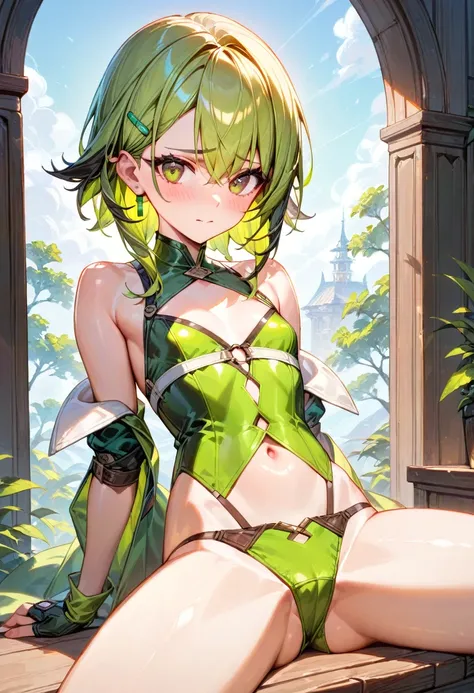 extremely detailed, 
(Ellen 18-years-old, short dark layered hair, Brown-eyed, small breast:1.0), hair clips 
Fantasy green rogue outfit, half undressed, spread legs, sitting, embarrassed, groin , panties 