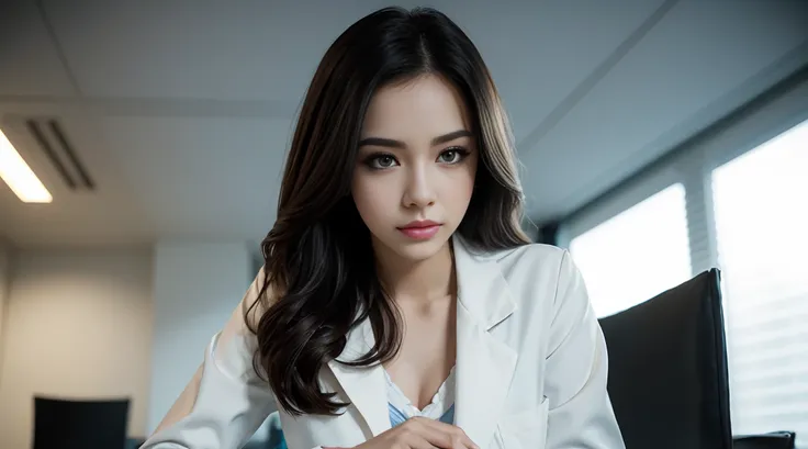 Beautiful female doctor in white coat, stethoscope around neck, full body, hospital examination white room, sitting cross-legged on office chair, thighs peeking out from white coat, black stockings, computer and keyboard on desk, (Excellent photograph, Bes...