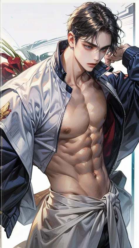 ((best quality)), ((masterpiece)), (detailed), ((best quality)), ((masterpiece)), (detailed), ((best quality)), ((masterpiece)), (detailed), Toji Fushiguro. anime guy with no shirt and no shirt on holding a jacket, [ adamantly defined abs ]!!, [ rigidly de...