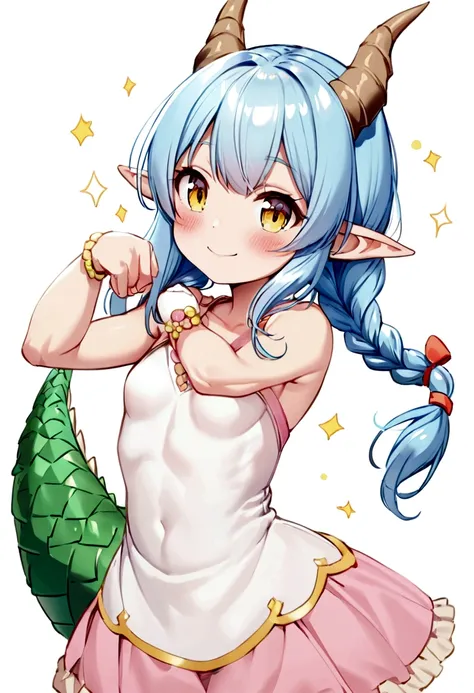 cute young girl, light blue hair, long hair, small braids hair, yellow eyes, dragon horn, dragon tail, elf ear, muscular body, small breast, cute outfit, cute pose, blushing, smile