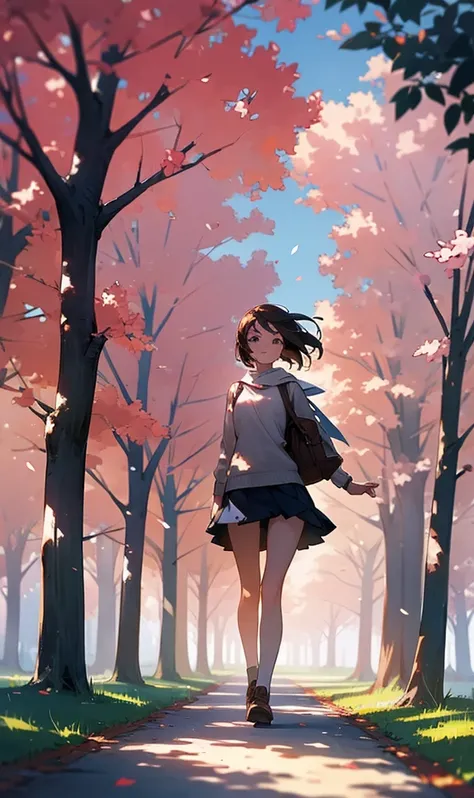 A beautiful girl walks on the tree-lined path on campus，The warm sunlight shines through the sparse leaves onto the girl&#39;s face，Make it look more beautiful。The girl is tall，Fair skin，Beautiful facial features，Wearing a pure white shirt，Unbutton a few b...