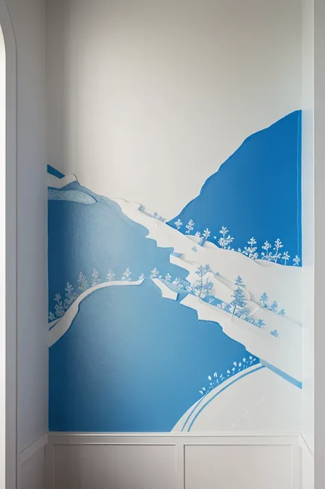 Small white clay mural painted with blue and white that is made up of several separate pieces and has reliefs