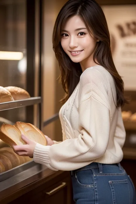 (((woman buying bread at a bakery:1.5, sweaters and jeans))), dynamic, cinematic photos,(ultra realistic, high resolution), (hig...