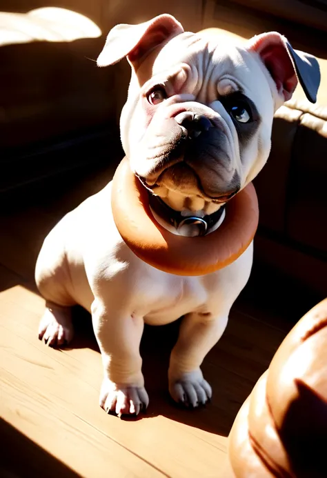 Create a Disney Pixar 3D style image of an American Bully puppy with a donut around its neck