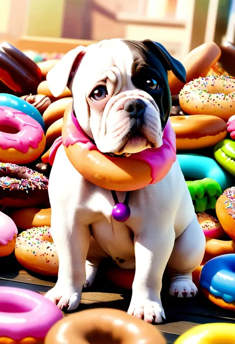 Create a Disney Pixar 3D style image of an American Bully puppy with a donut around its neck