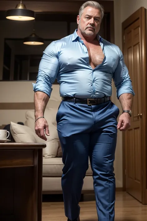 (best quality,4k,8k,highres,masterpiece:1.2), age 60, white man detective , horny disgusting, muscular chubby, kind, open blue silk shirt , mature daddy,black Dress Pants with big hard bulge, hairy chest hard nipple, belt, loafer,