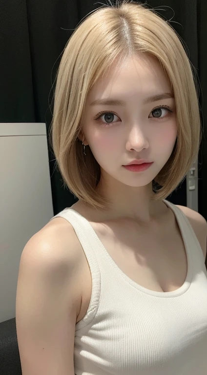 Tabletop, Highest quality, shape, Very detailed, In detail, High resolution, In 8K,wallpaper, Perfect dynamic composition, Beautiful details, White tank top,Short Bob Hair、blonde,Big Natural Color Lip, Bold sexy pose,Expressionless、Cold Stare,Harajuku、20-y...