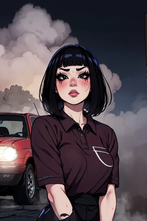 1girl, FengMin, solo, skinny, black eyes, asian eyes, eyeliner, looking at viewer, lips, black bob cut, blunt bangs, blush, standing, upper body, face focus, outdoors, horror (theme), night, fog egirlmakeup, sitting on the red car