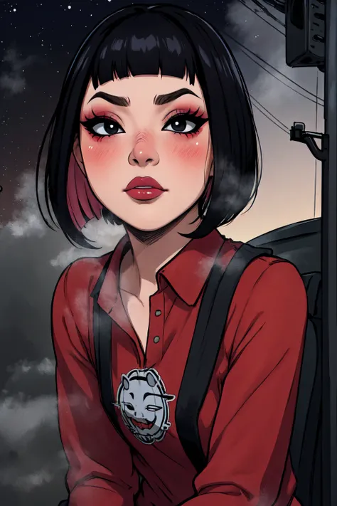 1girl, FengMin, solo, skinny, black eyes, asian eyes, eyeliner, looking at viewer, lips, black bob cut, blunt bangs, blush, standing, upper body, face focus, outdoors, horror (theme), night, fog egirlmakeup, sitting on the red car